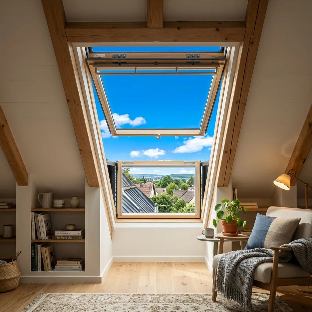 Vue intérieure d’une fenêtre de toit pour illustrer la lumière conservée